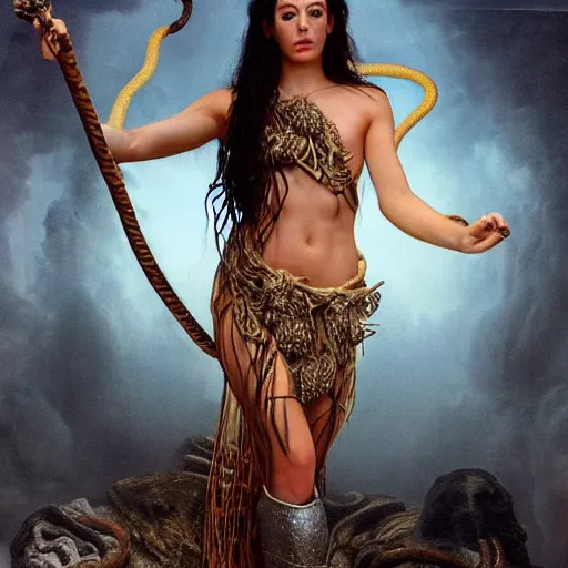 Prompt: Full body photo of the beautiful goddess Lana Rhoades as Medusa the greek goddess, she has those characteristic snakes coming out of her head, her skin tone is clean, she is looking straight to the camera, she has a glow coming from her, she is getting illuminated for rays of light, behind her is a scary atmosphere, the photo was taking by Annie Leibovitz, matte painting, oil painting, naturalism, 4k, 8k