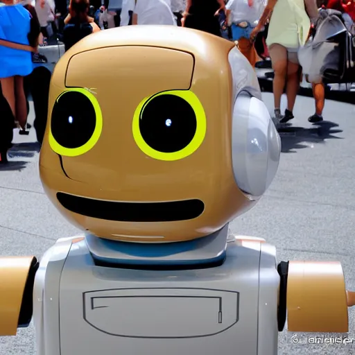 Prompt: LAS VEGAS, NV JUNE 7 2024: One of the friendliest cutest happiest self-aware robots to emerge from the future-technology-portal.