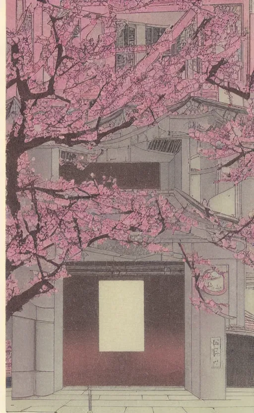 Image similar to by akio watanabe, manga art, the light pink and silver curtains of a theatre, cherry blossoms falling from top, trading card front