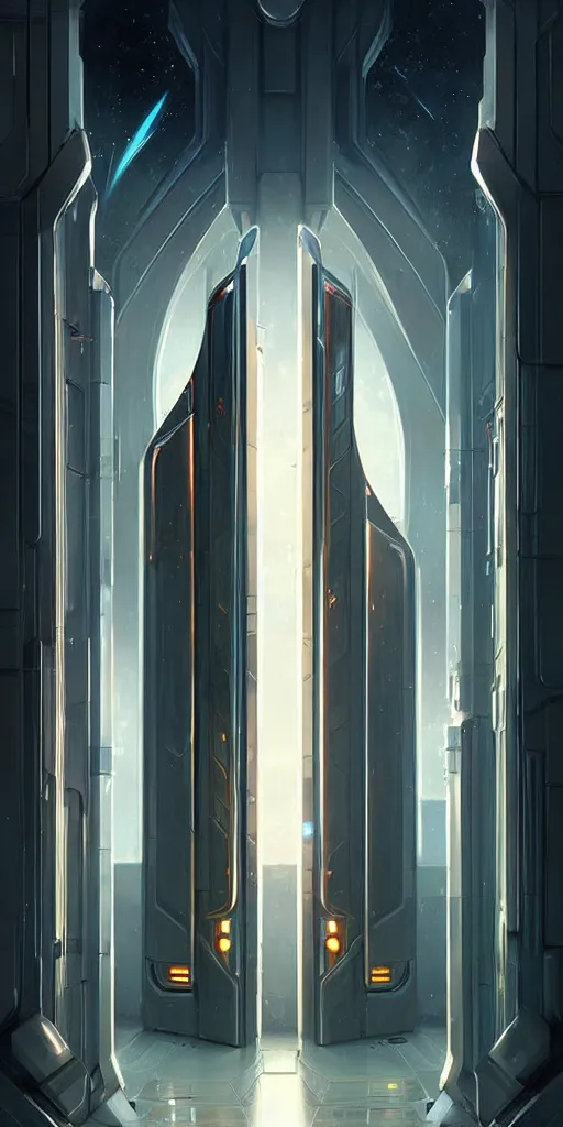 Image similar to hyper realistic art - deco sci - fi double door by jordan grimmer, darek zabrocki