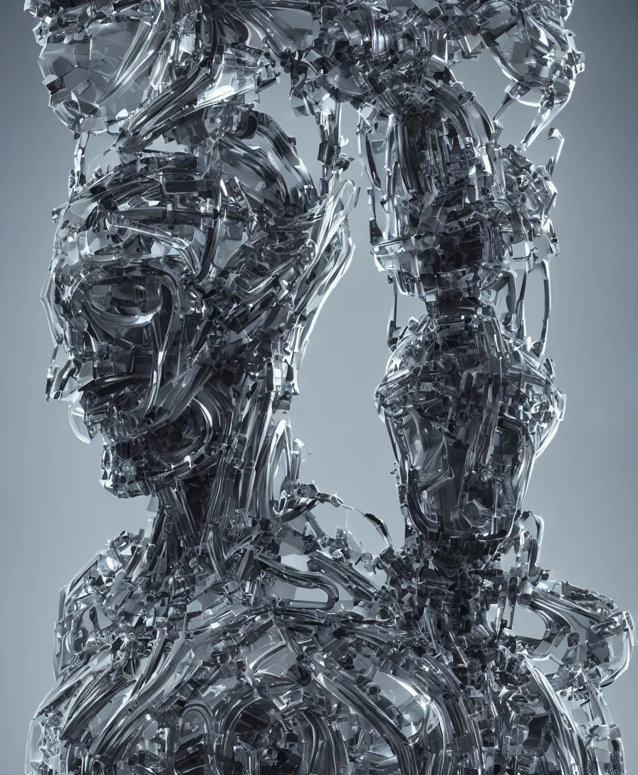 Prompt: centered artwork. horizontally symmetrical artwork. high contrast. increased sharpness. depth of field. close-up portrait of one biomechanical lich with halo, with transparent skin made of glass, by jarold Sng and Stephen Oakley, octane render, by greg rutkowski, by nekro, artstation, matte painting, 3d render