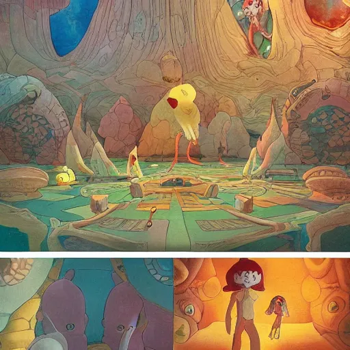 Prompt: A room full of Portals to other worlds with strange animals and mythological creatures spilling out of the portals, childrens book art, dynamic colour palette, varied colours, by Studio Ghibli, Shaun Tan, rim lighting, detailed and bright, painted by James Jean and Jean Giraud and Moebius