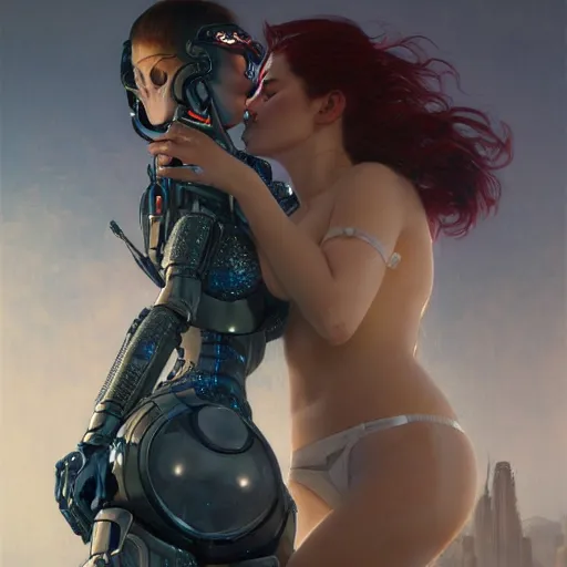 Image similar to Ultra realistic illustration, two women kissing a robot, cyberpunk, sci-fi, fantasy, intricate, elegant, highly detailed, digital painting, artstation, concept art, smooth, sharp focus, illustration, art by artgerm and greg rutkowski and alphonse mucha