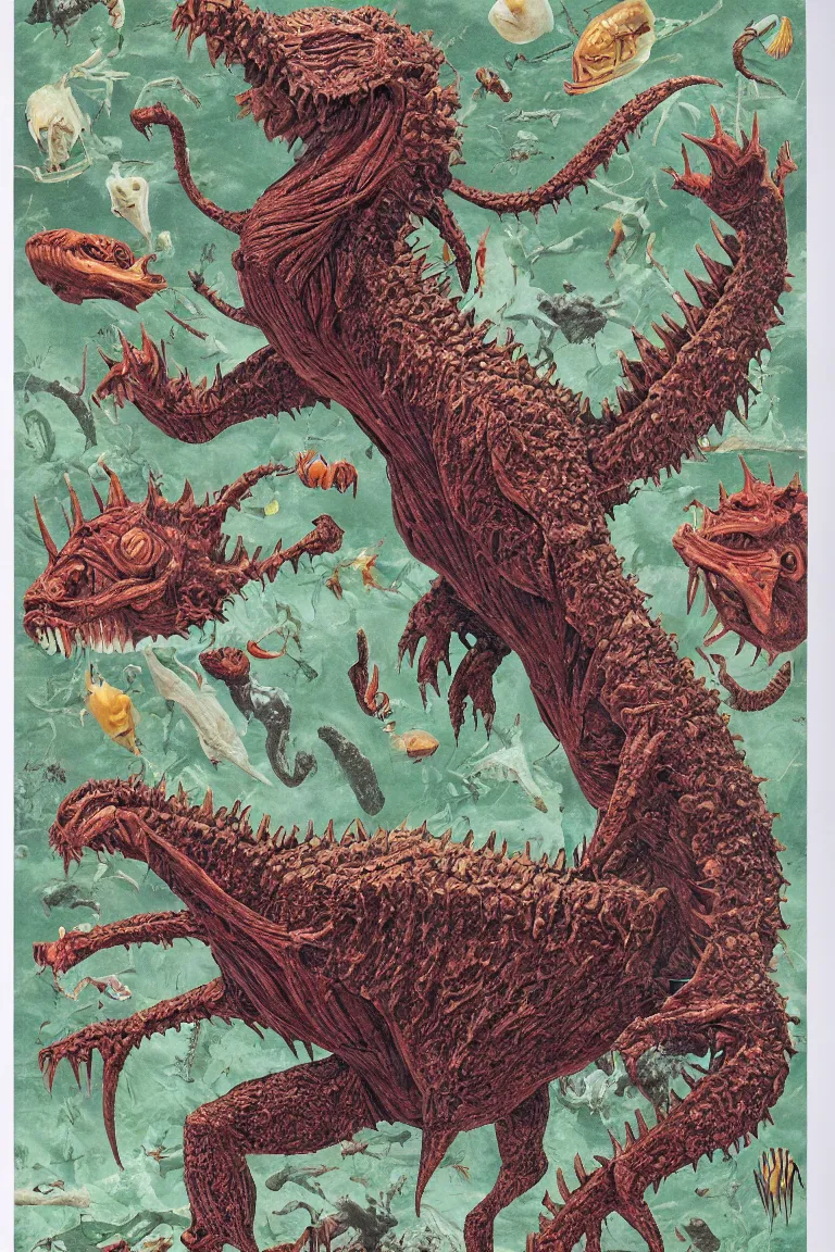 Prompt: biology textbook page, kaiju, 1990s, vintage, anatomy, photographic, kodak portra 400, 8k