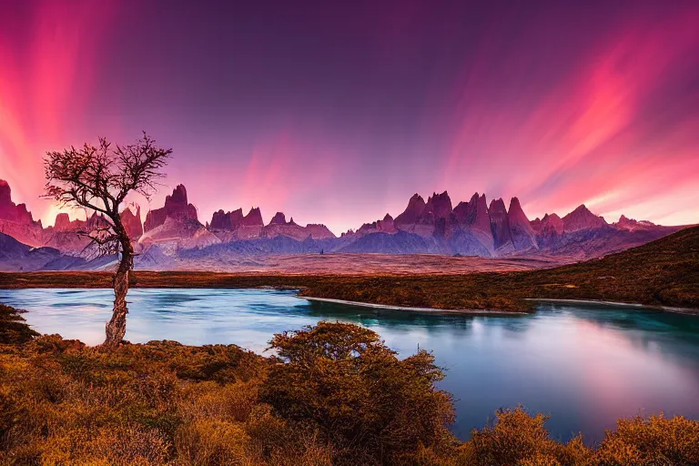 Image similar to A beautiful landscape photography of Patagonia mountains with a lake, a dead intricate tree in the foreground, sunset, dramatic lighting by Marc Adamus,