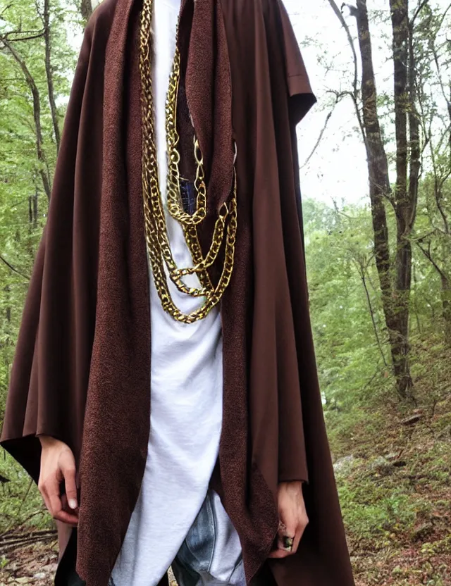 Image similar to longshot full modern detailed colorful cool handsewn textile cloak huge sleeves hispanic brown skin shaved head nature creek river stream in the woods marc jacobs gucci comfortable airy chains necklace