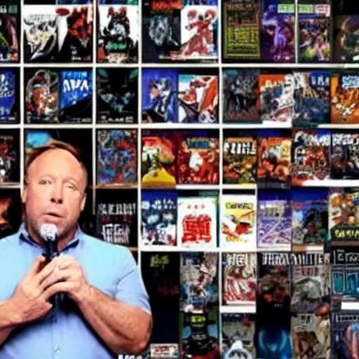 Image similar to alex jones shows off his anime collection.