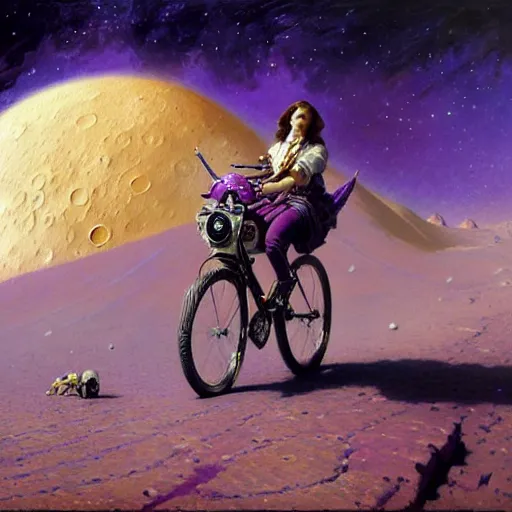 Image similar to a giant purple squid riding bicycle on the moon. highly detailed painting by gaston bussiere, greg rutkowski, j c leyendecker 8 k
