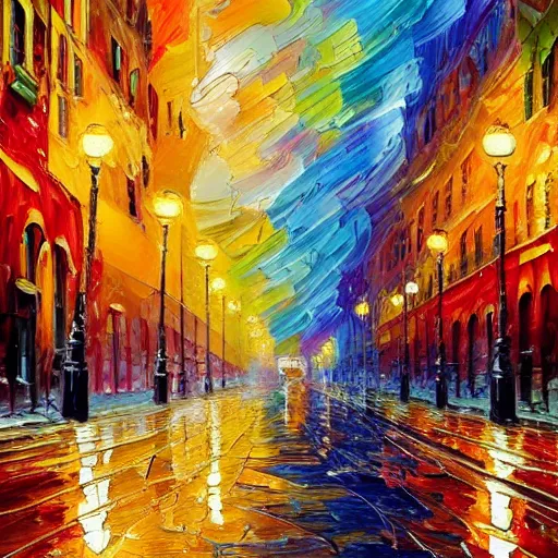 Prompt: an extremely impasto painting of thick brushstrokes in warm impressionist complimentary colors painting a reflective raytracing puddle street scene of golden palette knife streaks of golden streetlights shimmering with vibrant gradients of color, 4 k, highly detailed