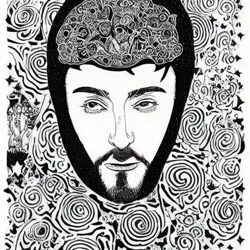 Prompt: black and white pen and ink!!!!!!! tired Mac Miller wearing cosmic space robes made of stars final form flowing royal!!! mage hair golden!!!! Vagabond!!!!!!!! floating magic swordsman!!!! glides through a beautiful!!!!!!! Camellia!!!! Tsubaki!!! death-flower!!!! battlefield behind!!!! dramatic esoteric!!!!!! Long hair flowing dancing illustrated in high detail!!!!!!!! by Moebius and Hiroya Oku!!!!!!!!! 80mm photography graphic novel published on 2049 award winning!!!! full body portrait!!!!! action exposition manga panel black and white Shonen Jump issue by David Lynch eraserhead and beautiful line art Hirohiko Araki!! Tite Kubo!!!!!, Kentaro Miura!, Jojo's Bizzare Adventure!!!!