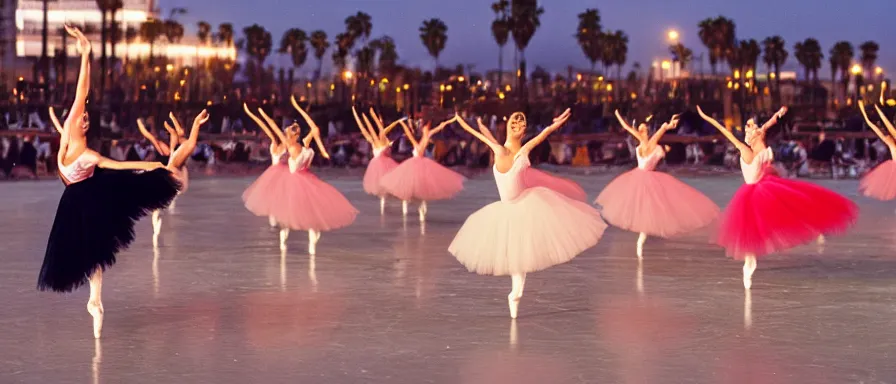 Prompt: contemporary russian ballet performance in los angeles at sunset, at venice beach, event photography, canon 5 0 mm ektachrome