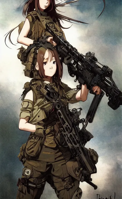Prompt: infantry girl, anime style, symmetrical facial features, long hair, hair down, front trading card, konpeki no kantai, red dot sight, hyper realistic, pale skin, rule of thirds, extreme detail, 4 k, detailed drawing, trending artstation, realistic lighting, by alphonse mucha, greg rutkowski, sharp focus, backlit, combat vest