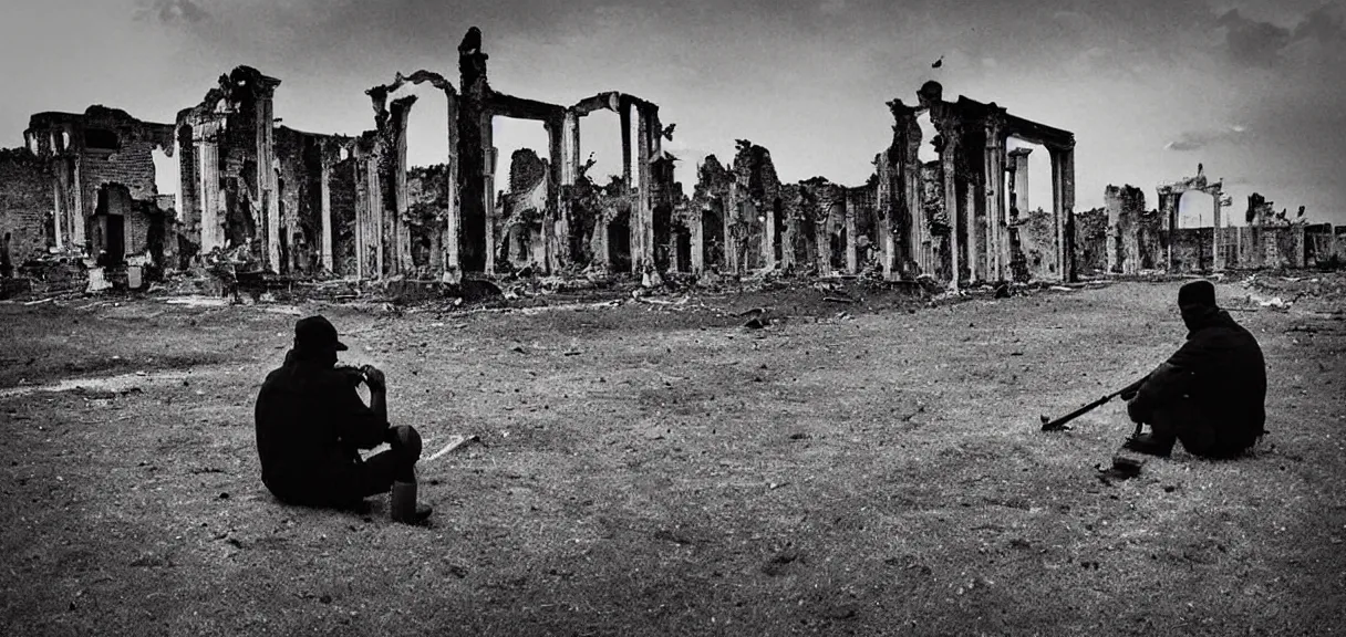Image similar to “sad soldier, sitting alone, smoking a cigarette, looking at the ruins of his city from a hill”
