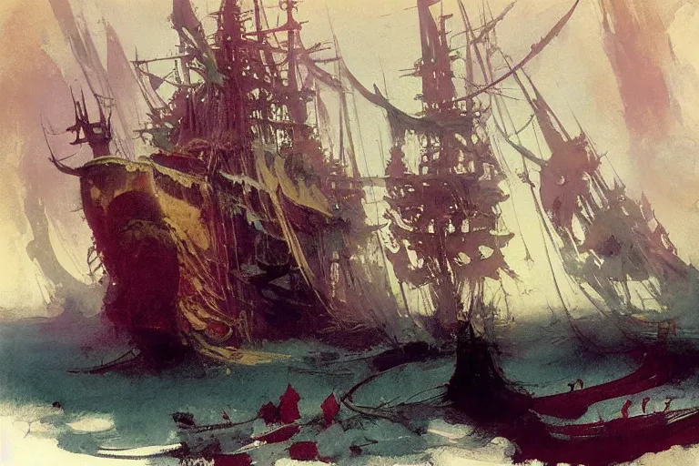 Image similar to pirate ship interior, intricate, elegant, highly detailed, vivid colors, john harris, frazetta, tyrus wong, ruan jia, jeffrey catherine jones