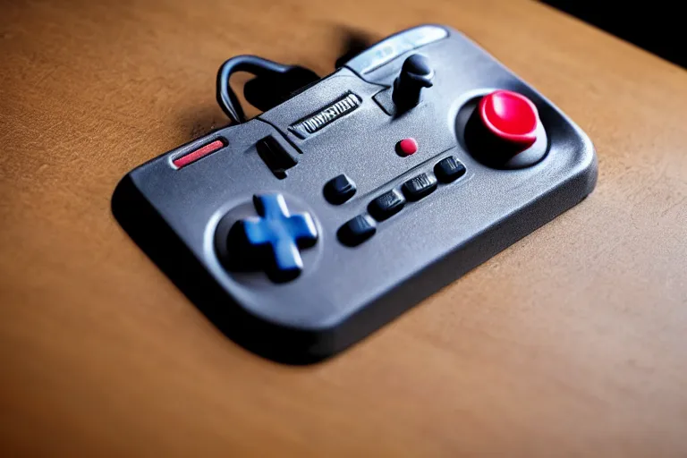 Image similar to closeup potrait of nintendo 64 controller on a table , photograph, natural light, sharp, detailed face, magazine, press, photo, Steve McCurry, David Lazar, Canon, Nikon, focus