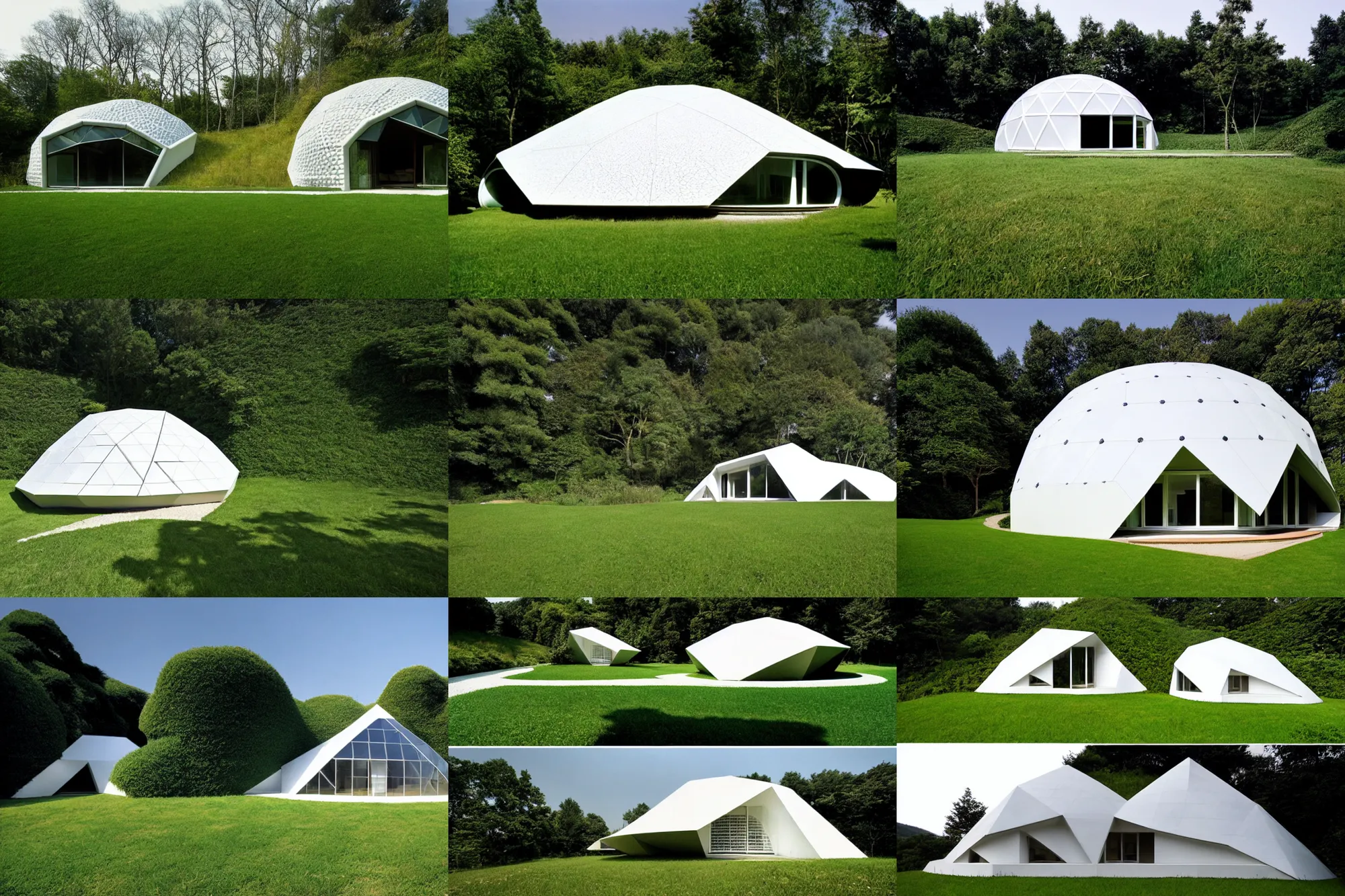 Prompt: geodesic house integrated with the ground roof with grass by architect studio buckminster fuller shoji sadao zaha hadid