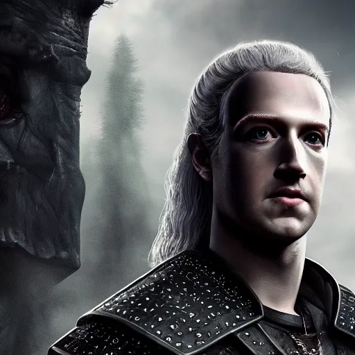 Image similar to Mark Zuckerberg as The Witcher, 4K, epic, cinematic, focus, movie still, fantasy, serious, extreme detail, atmospheric, dark colour