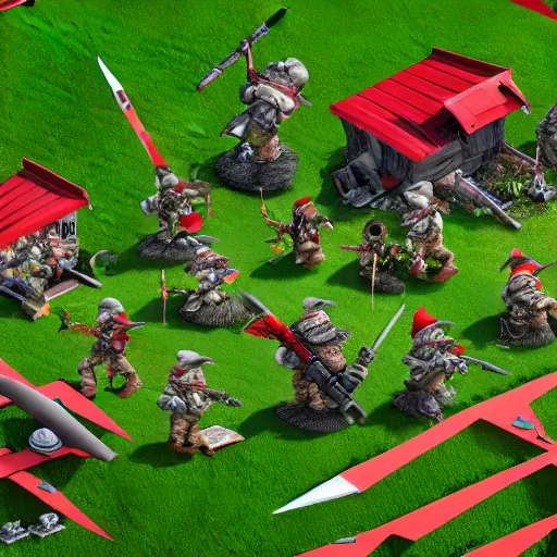 Image similar to Warzone with an army of lawn gnomes wielding midieval weaponry, axonometric exploded view, high detail, 8k, photorealistic