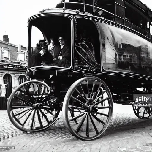 Image similar to close up of vintage steam car in victorian london, cinematographic shot,