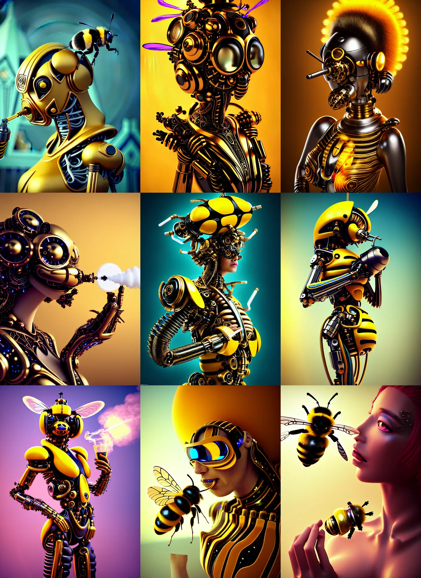 Prompt: transhuman tribal bumblebee edm cyborg smoking elaborate milk bong | ornate | glamorous oily soft polished rich enticing ornate modern | weta disney pixar movie still photo | hi - fructose, sci fi fantasy, golden ratio details, smooth, octane render, sharp focus, artstation, concept art | beeple, feng zhu, mucha, rutkowski |