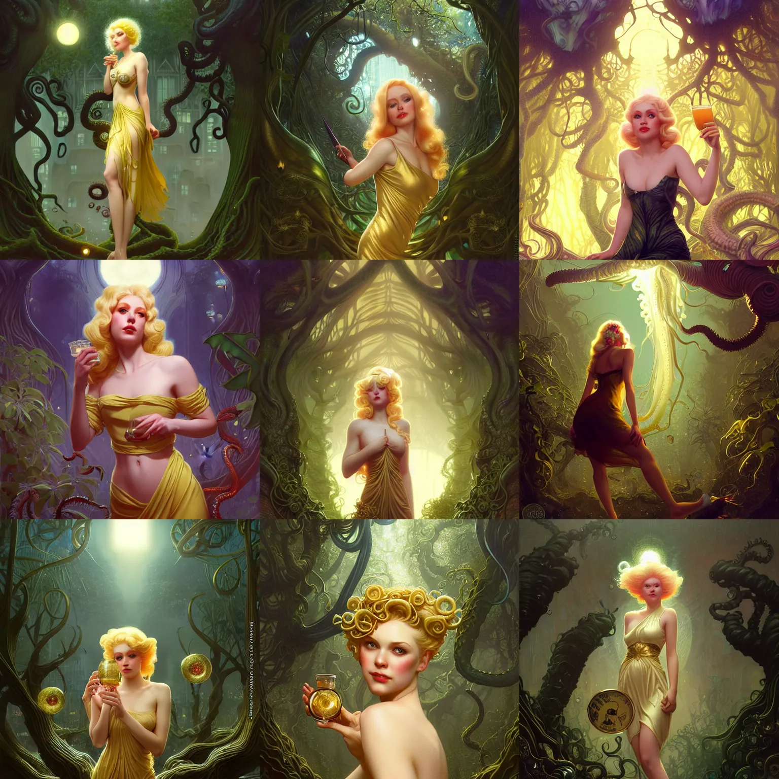 Prompt: small blonde in golden cocktail dress looking up, arkham horror city crowded market street overtaken by lush plants, evil fluid, insane, giant tentacles, lovecraft, full blody moon, light rays, gnarly trees by tom bagshaw, mucha, gaston bussiere, craig mullins, j. c. leyendecker 8 k