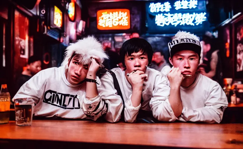 Image similar to cinestill 5 0 d photographic portrait of two white rats wearing streetwear talk at a bar in cyberpunk china, extreme closeup, modern cyberpunk, dust storm, 8 k, hd, high resolution, 3 5 mm, f / 3 2, ultra realistic faces, intricate detail, ex machina