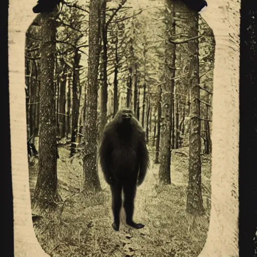 Image similar to daguerrotype of sasquatch sighting in a forest 1 9 0 0