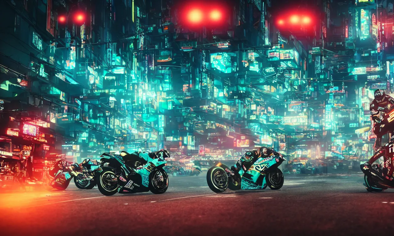 Prompt: insanely moody cinematic render of motogp race on street of a cyberpunk city, motion blurred background, speed, teal and orange colors, vaporwave, photorealism, cinema still, photography, octane 3 d, vray render, insane details, 8 k high definition, artstation