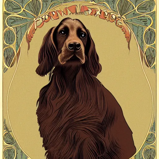 Prompt: portrait of brown cockerspaniel with a background in the style of mucha