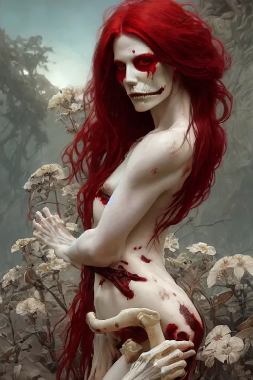 Prompt: pale woman with skeleton body covered with blood, long red hair, pretty face, ultra realistic, concept art, intricate details, highly detailed, photorealistic, octane render, 8 k, unreal engine. art by artgerm and greg rutkowski and alphonse mucha