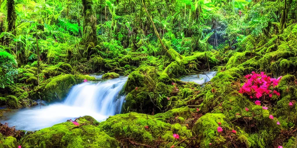 Prompt: beautiful stunning rainforest landscape with lake and waterfall and colorful flowers 4k hdr photography