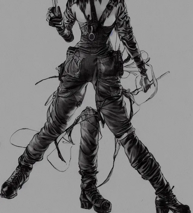 Image similar to full body pose, hd, manga anime portrait of a beautiful woman in combat boots and overalls, in ishikawa ken frank miller jim lee alex ross style detailed trending award winning on flickr artstation,