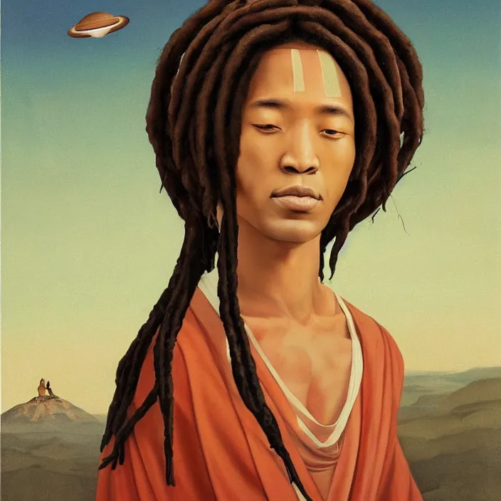 Image similar to UFO hovering around an African Jesus with dreadlocks, portrait painting by Hsiao-Ron Cheng,