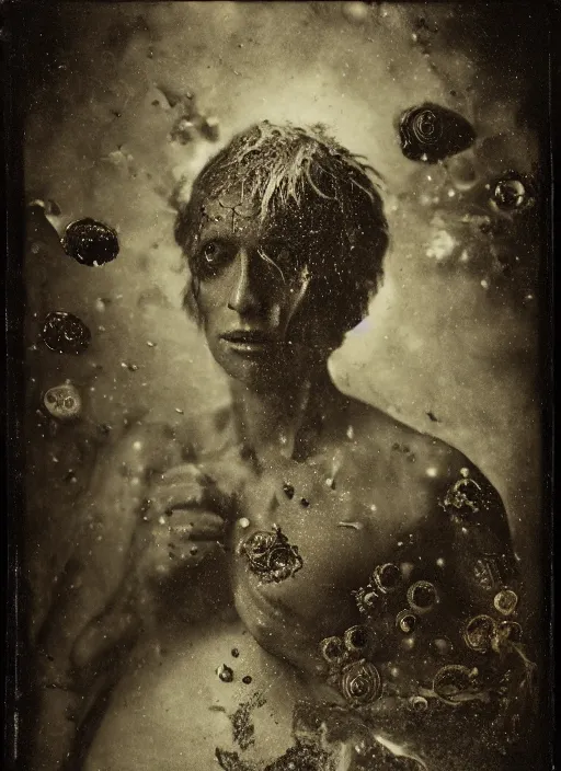 Image similar to old wetplate daguerreotype portrait of the birth of a napoleon, explosion of data fragments, fractal, intricate, elegant, highly detailed, parallax, leica, medium format, subsurface scattering, by jheronimus bosch and greg rutkowski and louis jacques mande daguerre