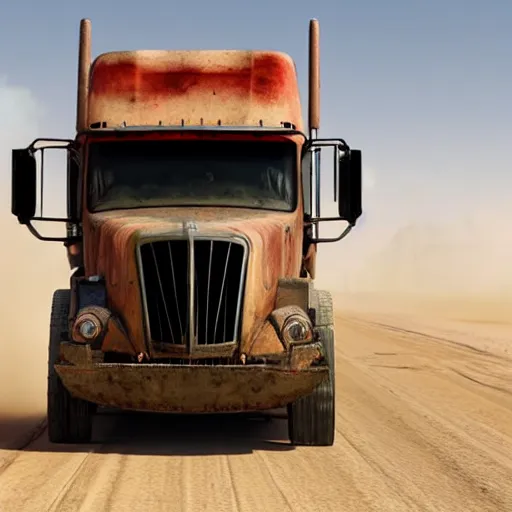 Prompt: t 6 6 0 tractor trailer truck in mad max : fury road, midday light, dust storm,