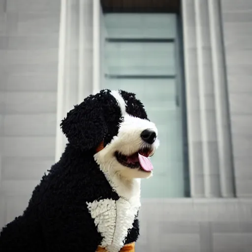Image similar to a closeup photorealistic photograph of a cute smiling knitted bernedoodle judge dog dressed in a black gown and presiding over the courthouse. indoors, professional capture, well lit shot. this 4 k hd image is trending on artstation, featured on behance, well - rendered, extra crisp, features intricate detail, epic composition and the style of unreal engine.