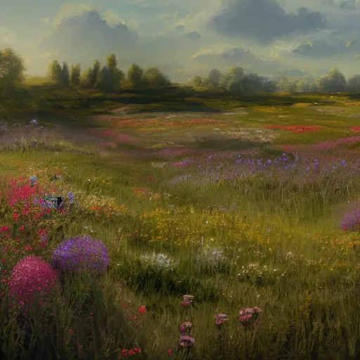 Image similar to a matte painting of a european prairie, cottage town, patchy flowers, oil painting, pale colors, high detail, 8 k, wide angle, trending on artstation,