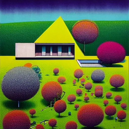 Image similar to surreal glimpse into other universe, house by tadao ando, summer morning, very coherent and colorful high contrast, art by!!!! gediminas pranckevicius!!!!, geof darrow, floralpunk screen printing woodblock, dark shadows, hard lighting, stipple brush technique,