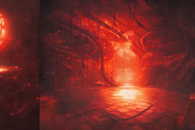 Image similar to arcs of flame, simulation of water splashes, shards of mercury, dramatic lighting, cyberpunk neon, secret cypher, red flowers, solar flares, intricate art by John Collier and Albert Aublet and Krenz Cushart and Artem Demura