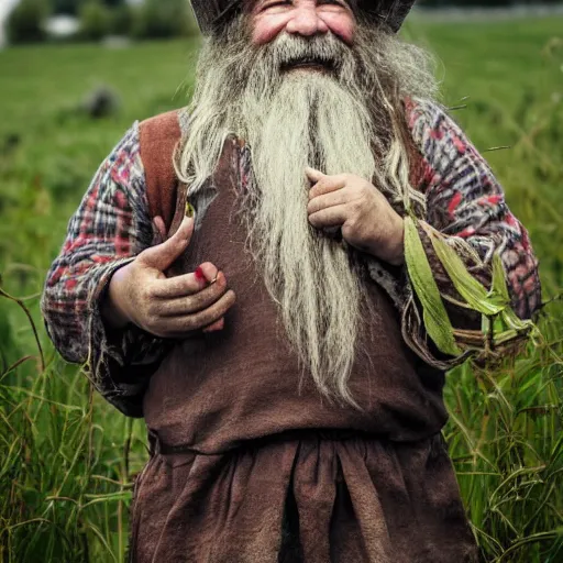 Image similar to portrait, a hardworking dwarven female farmer, ragged clothes, standing in a field, dirty