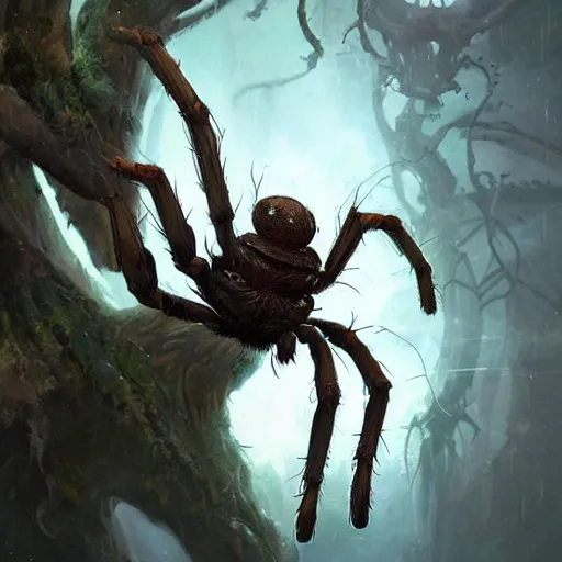 Prompt: a spider with ent body, spider shape, by greg rutkowski, magic the gathering, highly detailed, matte painting, digital art