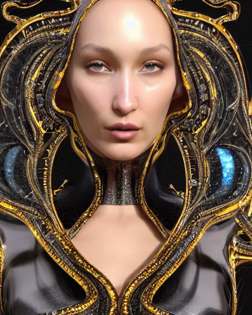 Image similar to a highly detailed metahuman 4 k close up render of a bella hadid as a black latex outfit monument renaissance in iris van herpen dress schiaparelli in diamonds crystals swarovski and jewelry iridescent in style of alphonse mucha gustav klimt trending on artstation made in unreal engine 4