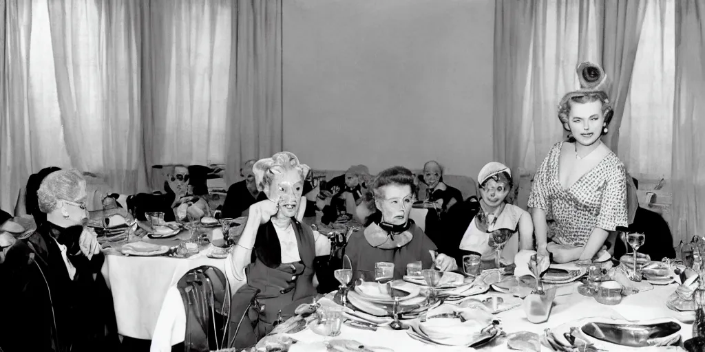 Image similar to detailed sharp photograph in the style of popular science circa 1 9 5 5 and gregory crewdson of a 1 9 5 0 s of an elderly woman wearing a mink stole and pearls with a white bouffant hairdo sitting at a banquet table. 7 5 mm lens