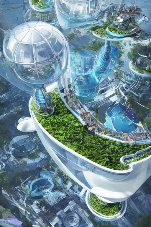 Prompt: Floating ocean cities, hydroponics and vertical farms, hover cars and futuristic trains, eco-friendly theme, telephoto lens, high shot camera angle, futuristic architecture by Bjarke Ingels, future island design, hyperdetailed artstation, concept art, sci-fi illustration, digital art, by James Gurney, by Stephan Martiniere