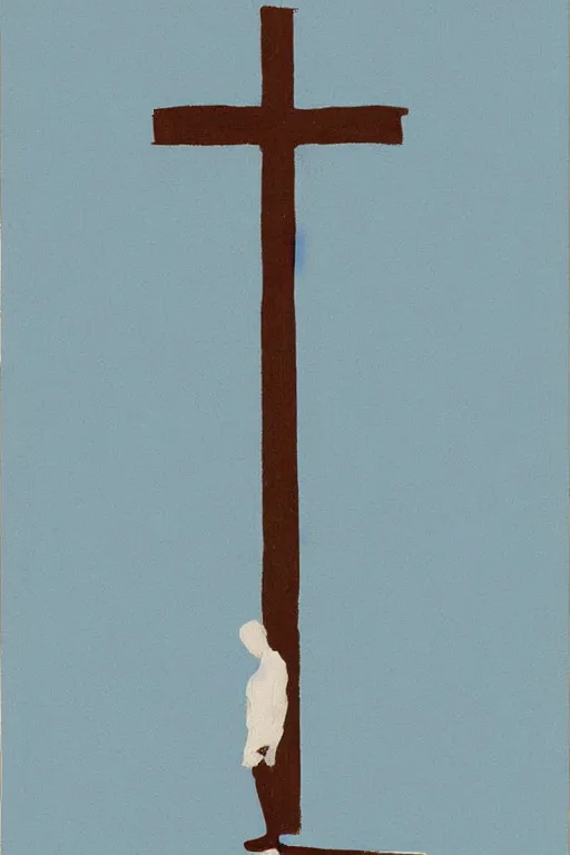 Image similar to man kneeling on the ground in front of a wooden cross, 1960’s minimalist advertising illustration, painterly, expressive brush strokes