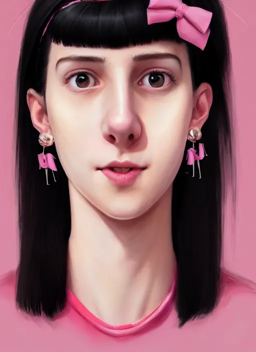 Image similar to portrait of high school girl, realistic, black hair, bangs, half updo hairstyle, pointy nose, skinny, smile, ugly, defined jawline, big chin, pink hair bow, earrings, intricate, elegant, glowing lights, highly detailed, digital painting, artstation, sharp focus, illustration, art by wlop, mars ravelo and greg rutkowski