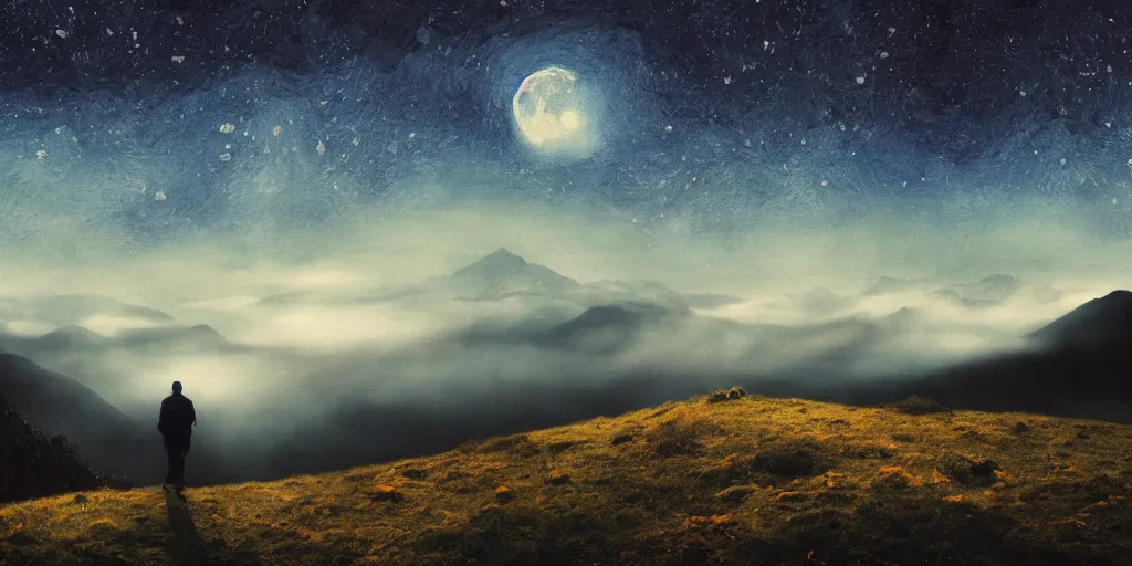 Prompt: landscape, layers, mountain ranges, dark sky, night, style of Van Gogh, moon, stars, milky way, atmospheric, cinematic, photographic, artstation, digital art, small man center standing on mountain, valley mist, fog, hazy, glow