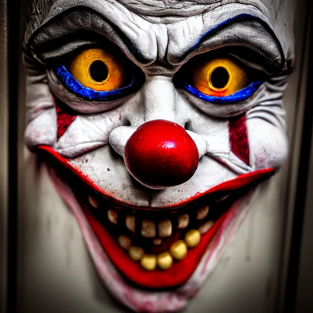 Prompt: creepy clown peering round a doorway, highly detailed, 8 k, hdr, smooth, sharp focus, high resolution, award - winning photo