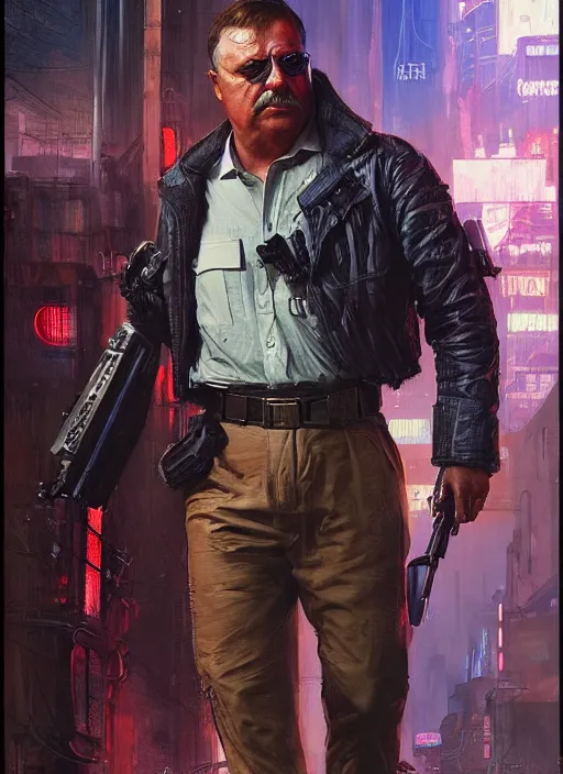 Prompt: Modern Teddy Roosevelt. Cyberpunk bouncer. blade runner 2049 concept painting. Epic painting by James Gurney, and Alphonso Mucha. ArtstationHQ. painting with Vivid color. (rb6s, Cyberpunk 2077)