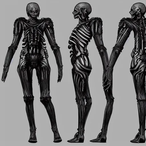 Image similar to human inspired by HR Giger, Character reference Sheet